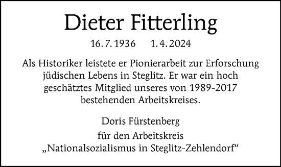 Traueranzeige von Dieter Fitterling von Tagesspiegel