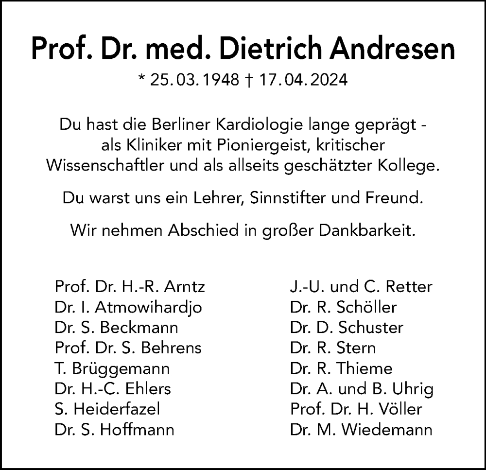  Traueranzeige für Dietrich Andresen vom 27.04.2024 aus Tagesspiegel