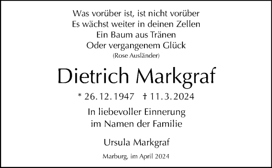 Traueranzeige von Dietrich Markgraf von Tagesspiegel