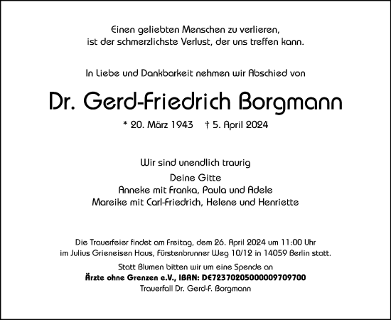 Traueranzeige von Gerd-Friedrich Borgmann von Tagesspiegel