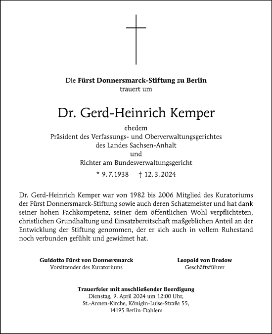 Traueranzeige von Gerd-Heinrich Kemper von Tagesspiegel