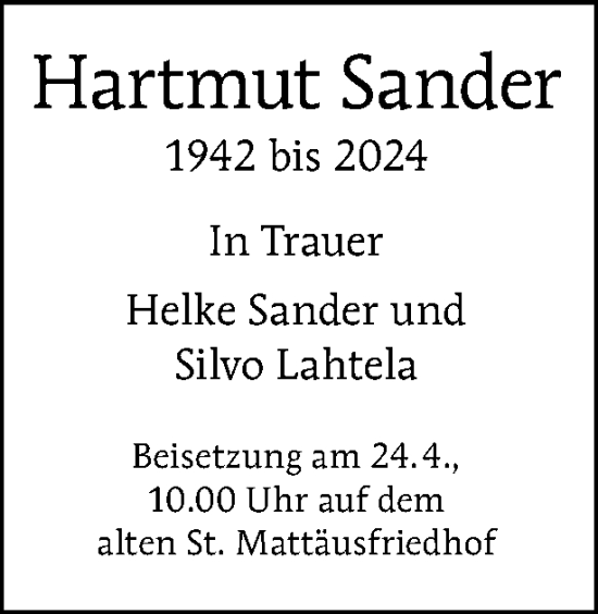 Traueranzeige von Hartmut Sander von Tagesspiegel