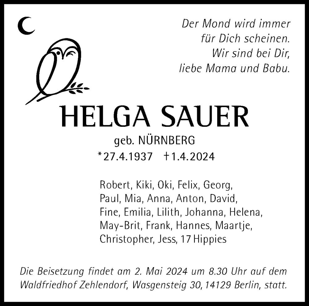  Traueranzeige für Helga Sauer vom 13.04.2024 aus Tagesspiegel