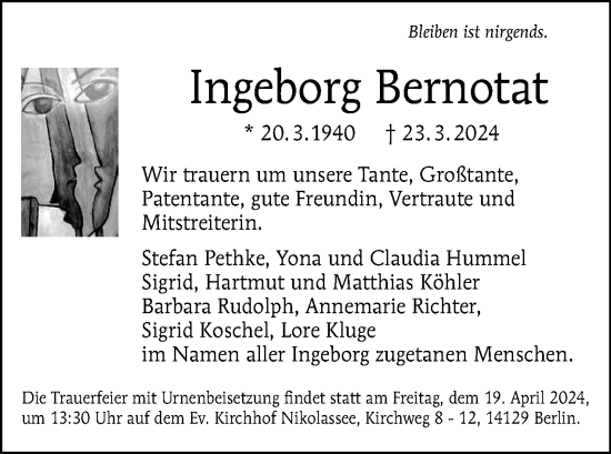 Traueranzeige von Ingeborg Bernotat von Tagesspiegel