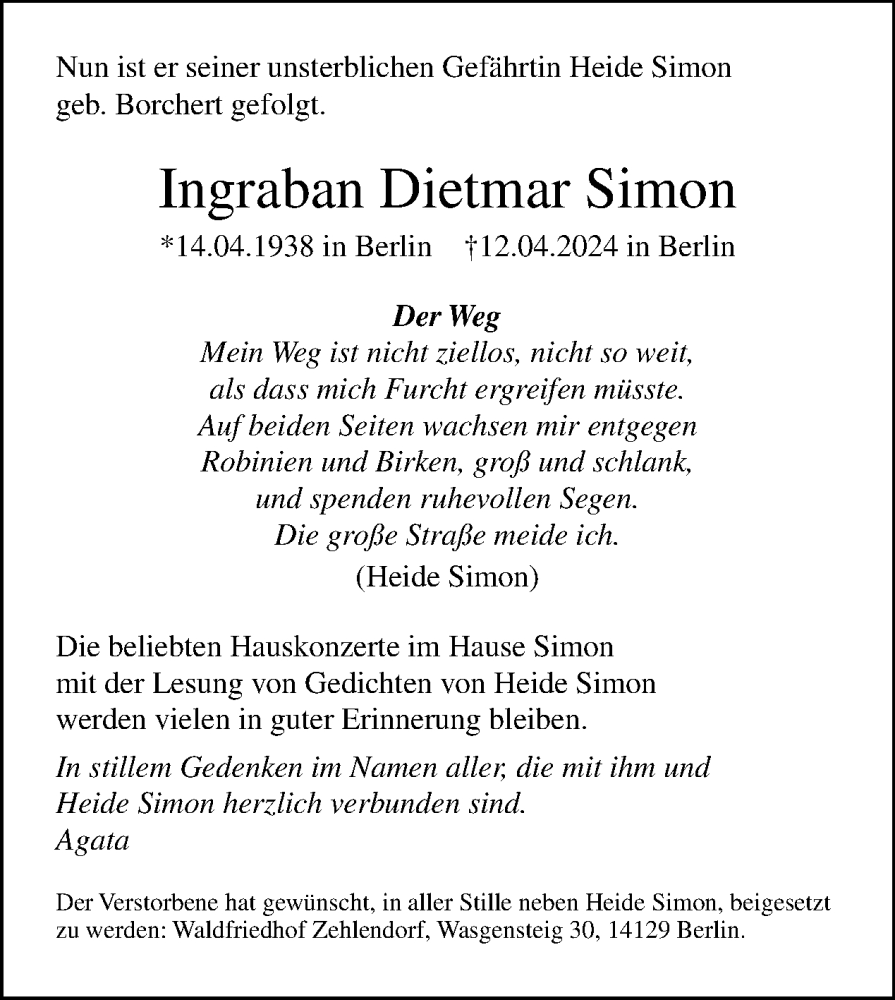  Traueranzeige für Ingraban Dietmar Simon vom 20.04.2024 aus Tagesspiegel