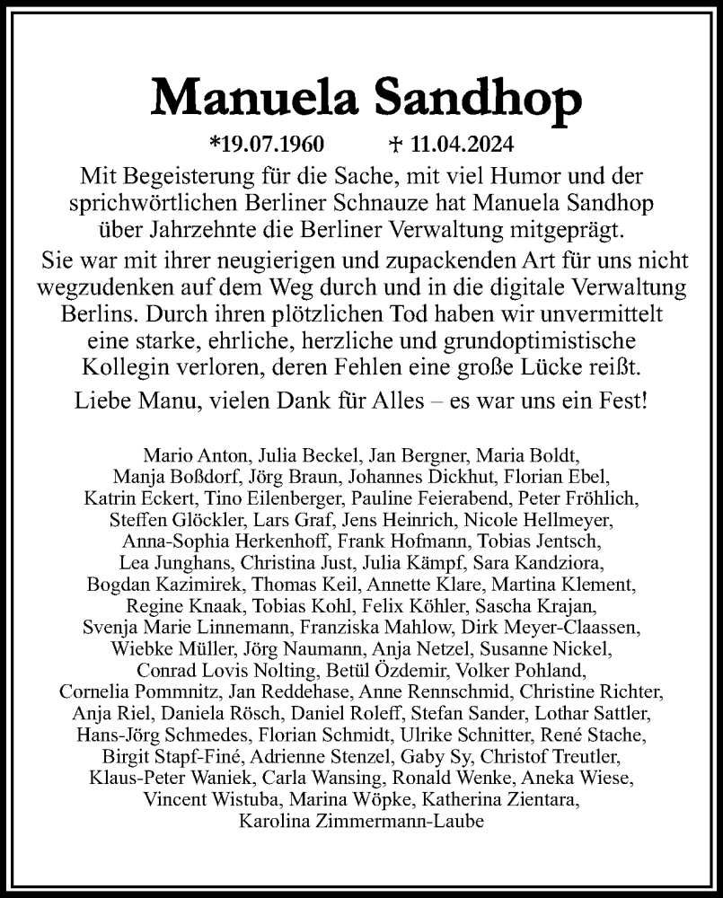  Traueranzeige für Manuela Sandhop vom 27.04.2024 aus Tagesspiegel
