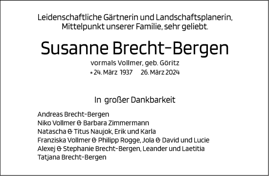 Traueranzeige von Susanne Brecht-Bergen von Tagesspiegel