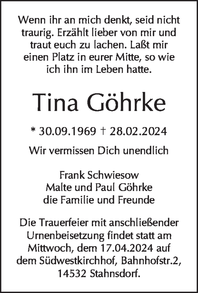  Traueranzeige für Tina Göhrke vom 03.04.2024 aus Tagesspiegel