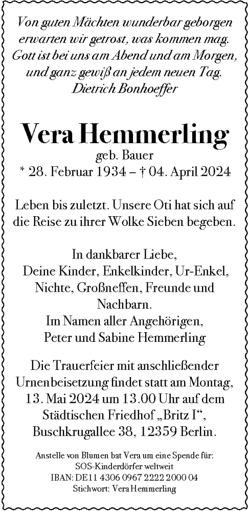 Traueranzeige von Vera Hemmerling von Tagesspiegel