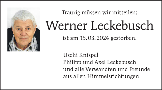 Traueranzeige von Werner Leckebusch von Tagesspiegel