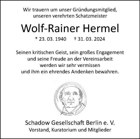 Traueranzeige von Wolf-Rainer Hermel von Tagesspiegel