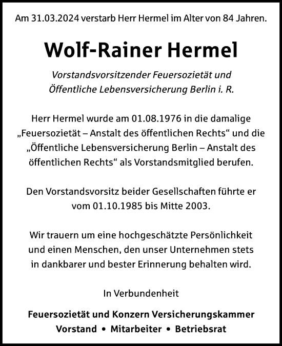 Traueranzeige von Wolf-Rainer Hermel von Tagesspiegel