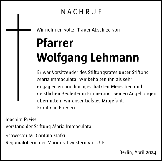 Traueranzeige von Wolfgang Lehmann von Tagesspiegel