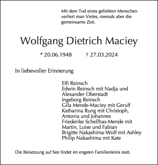 Traueranzeige von Wolfgang Dietrich Maciey von Tagesspiegel