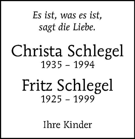 Traueranzeige von Christa und Fritz Schlegel von Tagesspiegel