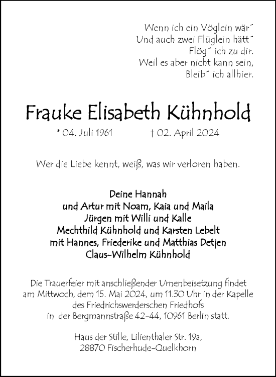 Traueranzeige von Frauke Elisabeth Kühnhold von Tagesspiegel