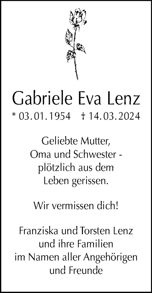  Traueranzeige für Gabriele Eva Lenz vom 04.05.2024 aus Tagesspiegel