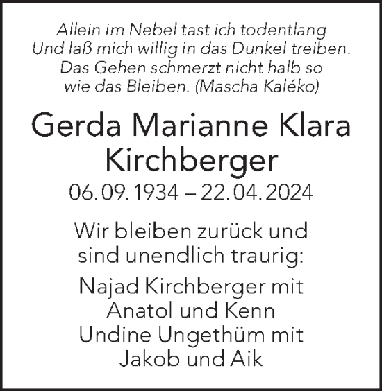 Traueranzeige von Gerda Marianne Klara Kirchberger von Tagesspiegel