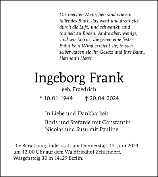 Traueranzeige von Ingeborg Frank von Tagesspiegel