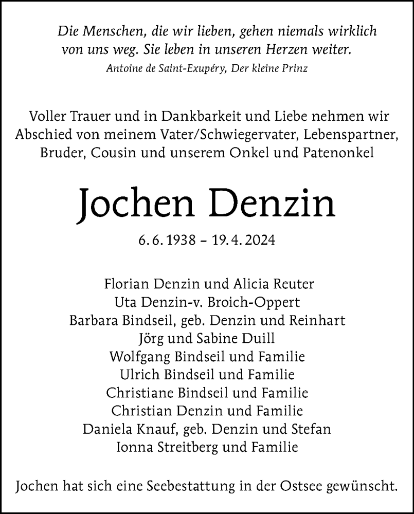  Traueranzeige für Jochen Denzin vom 11.05.2024 aus Tagesspiegel