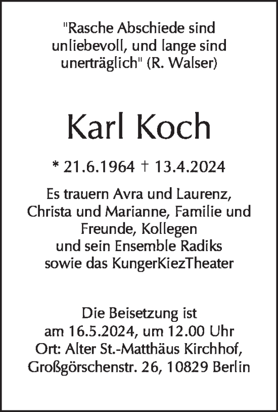 Traueranzeige von Karl Koch von Tagesspiegel