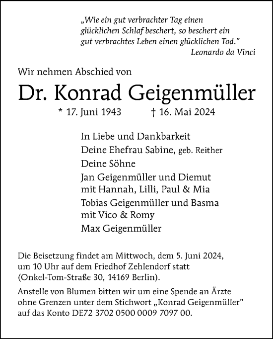 Traueranzeige von Konrad Geigenmüller von Tagesspiegel