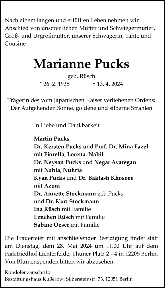  Traueranzeige für Marianne Pucks vom 11.05.2024 aus Tagesspiegel