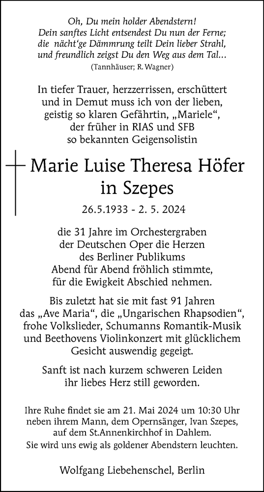 Traueranzeige von Marie Luise Theresa  Höfer in Szepes von Tagesspiegel