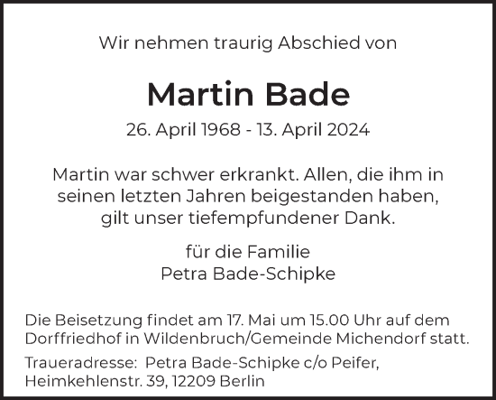 Traueranzeige von Martin Bade von Tagesspiegel