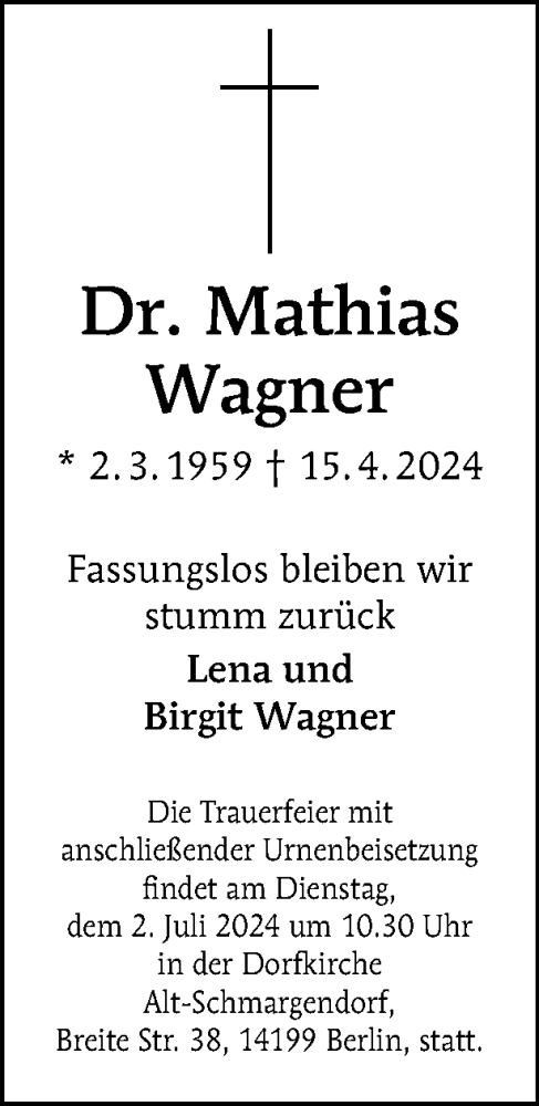 Traueranzeige von Mathias Wagner von Tagesspiegel