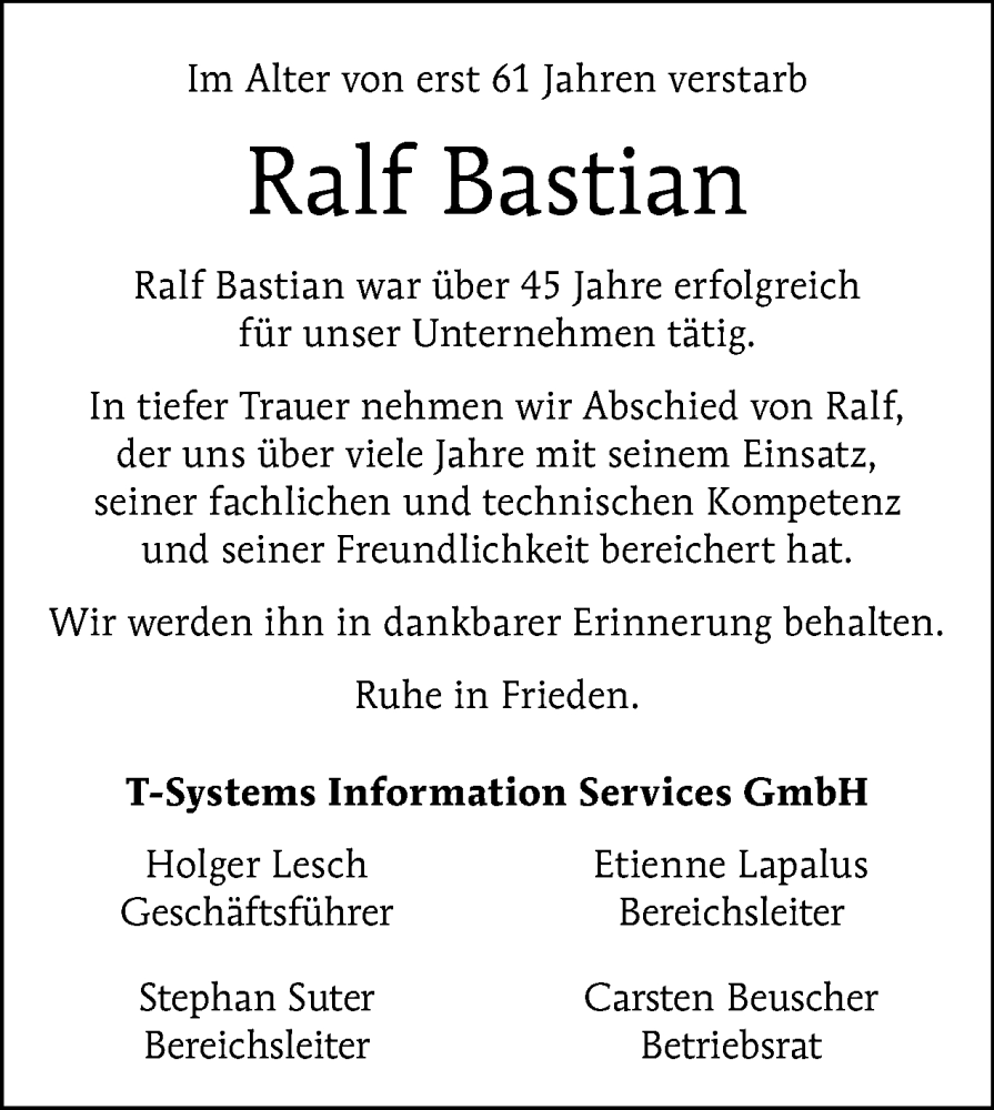  Traueranzeige für Ralf Peter Bastian vom 25.05.2024 aus Tagesspiegel