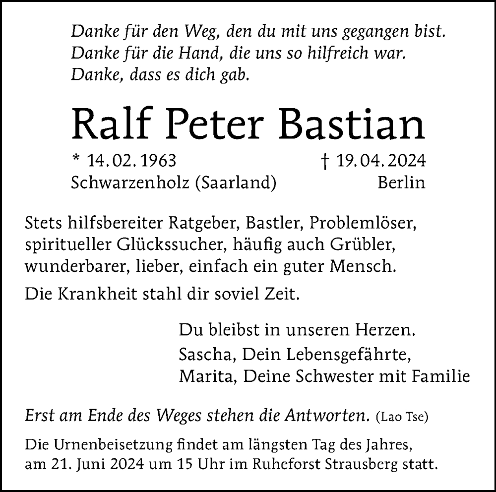  Traueranzeige für Ralf Peter Bastian vom 25.05.2024 aus Tagesspiegel