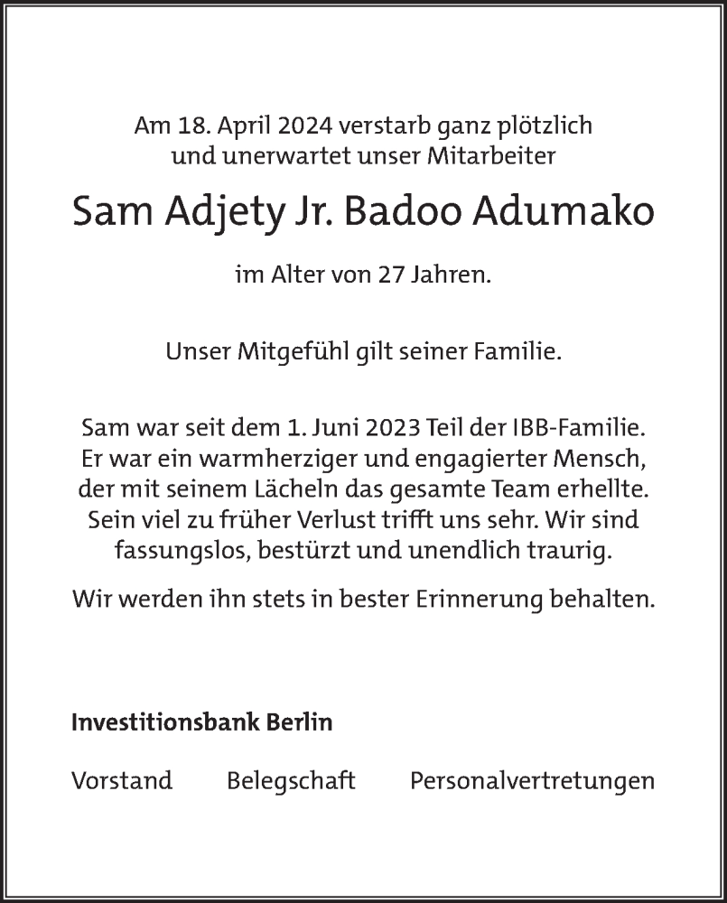  Traueranzeige für Sam Adjety Badoo Adumako vom 04.05.2024 aus Tagesspiegel