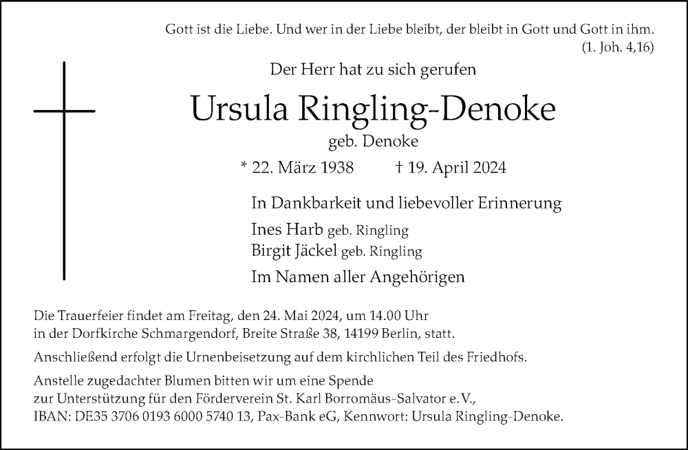  Traueranzeige für Ursula Ringling-Denoke vom 11.05.2024 aus Tagesspiegel