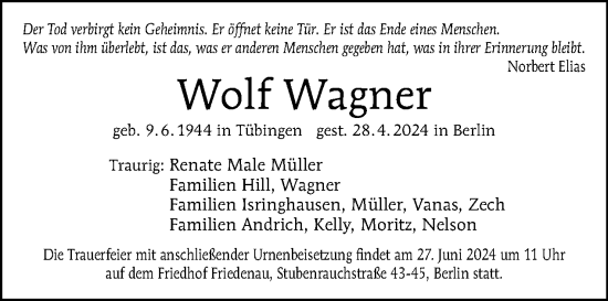 Traueranzeige von Wolf Wagner von Tagesspiegel