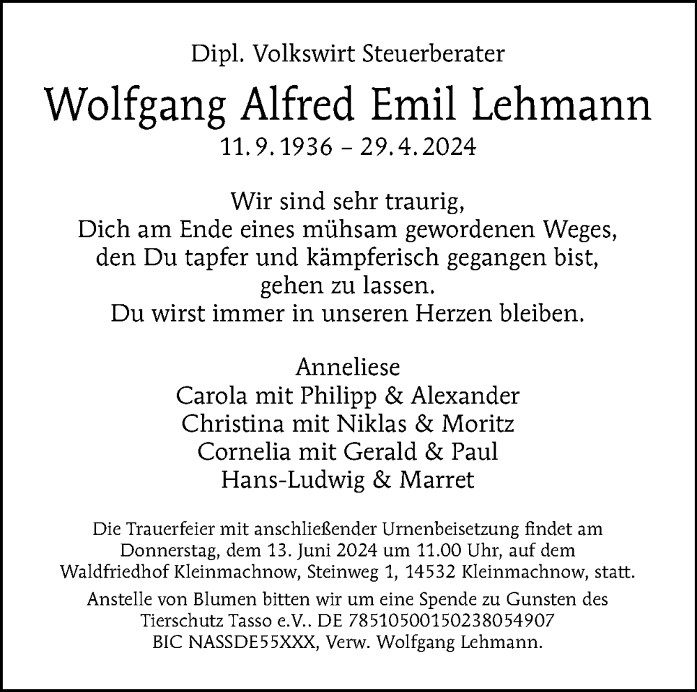  Traueranzeige für Wolfgang Alfred Emil Lehmann vom 18.05.2024 aus Tagesspiegel