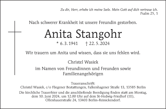 Traueranzeige von Anita Stangohr von Tagesspiegel