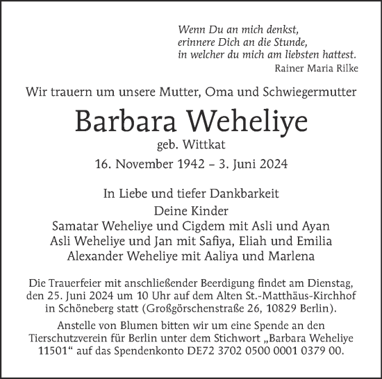 Traueranzeige von Barbara Weheliye von Tagesspiegel