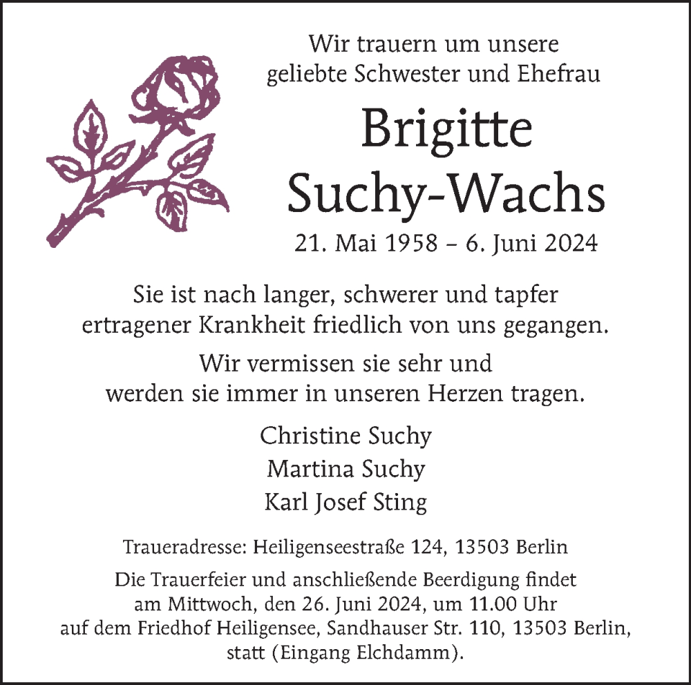  Traueranzeige für Brigitte Suchy-Wachs vom 15.06.2024 aus Tagesspiegel