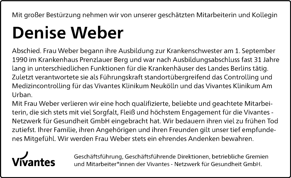  Traueranzeige für Denise Weber vom 08.06.2024 aus Tagesspiegel