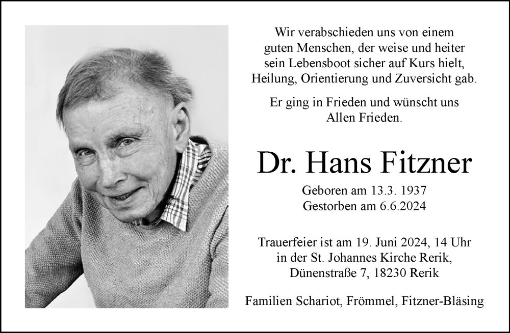  Traueranzeige für Hans Fitzner vom 15.06.2024 aus Tagesspiegel