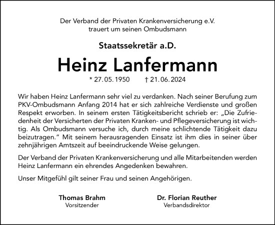 Traueranzeige von Heinz Lanfermann von Tagesspiegel