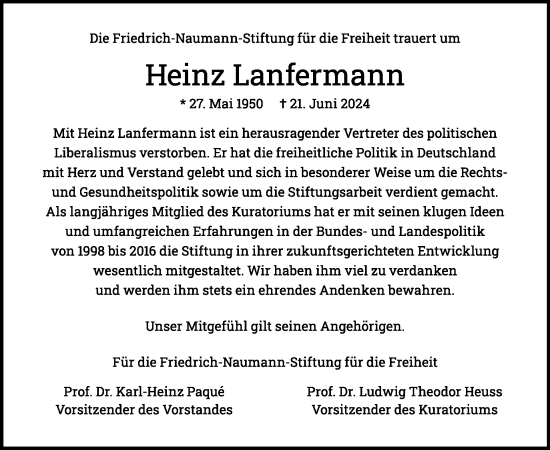 Traueranzeige von Heinz Lanfermann von Tagesspiegel