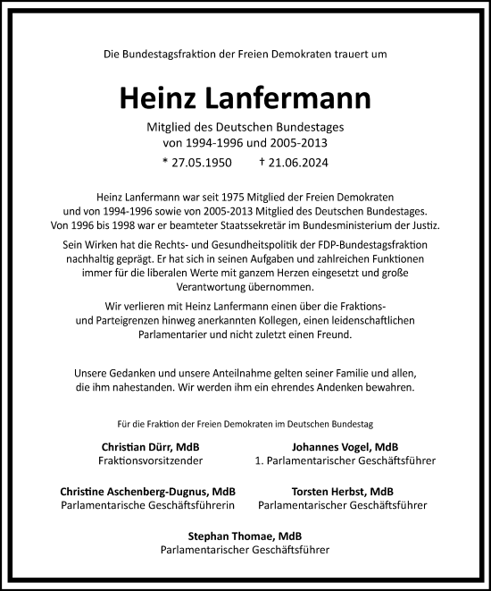 Traueranzeige von Heinz Lanfermann von Tagesspiegel