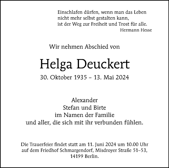 Traueranzeige von Helga Deuckert von Tagesspiegel