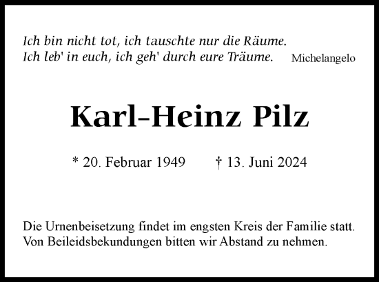 Traueranzeige von Karl-Heinz Pilz von Tagesspiegel