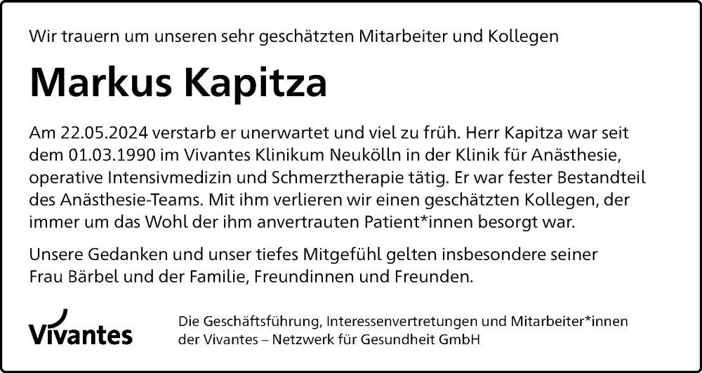  Traueranzeige für Markus Kapitza vom 01.06.2024 aus Tagesspiegel