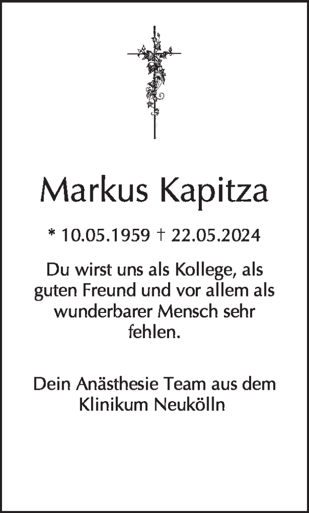  Traueranzeige für Markus Kapitza vom 01.06.2024 aus Tagesspiegel