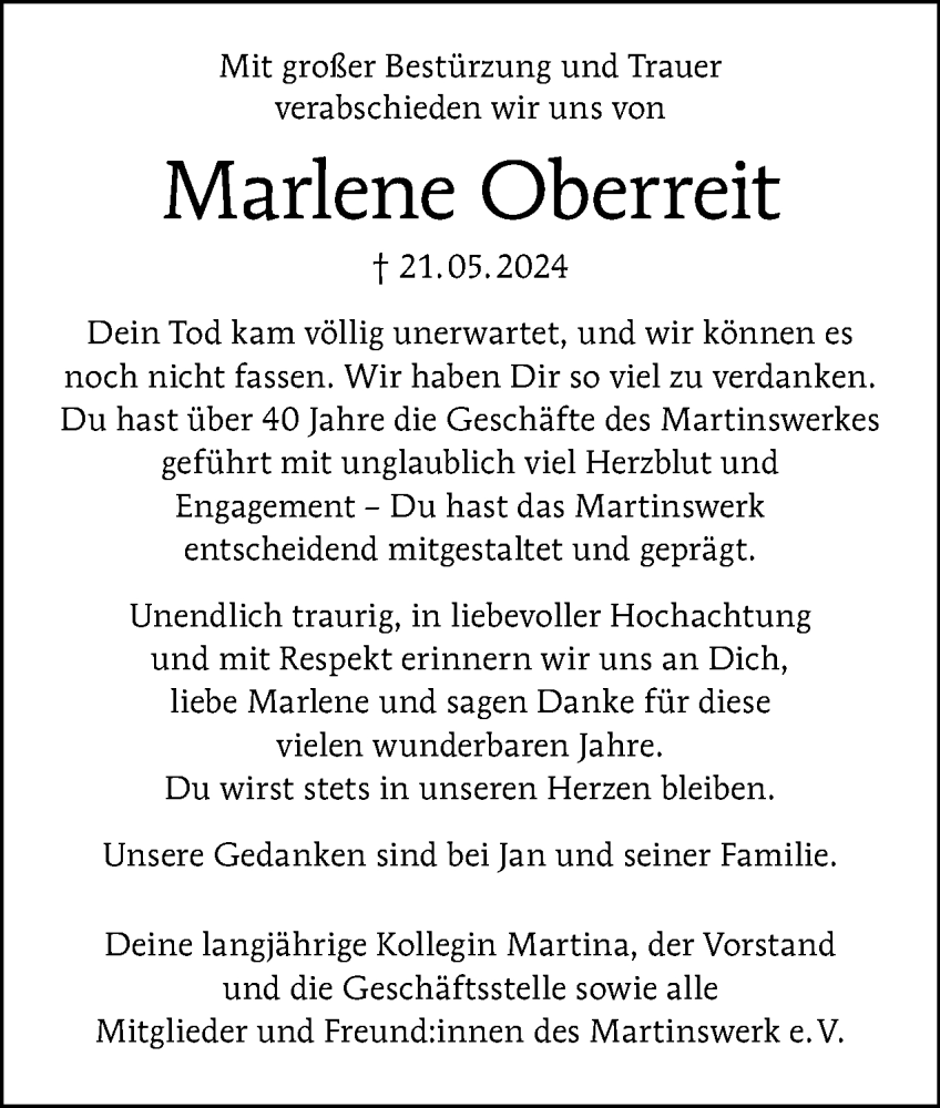  Traueranzeige für Marlene Oberreit vom 01.06.2024 aus Tagesspiegel