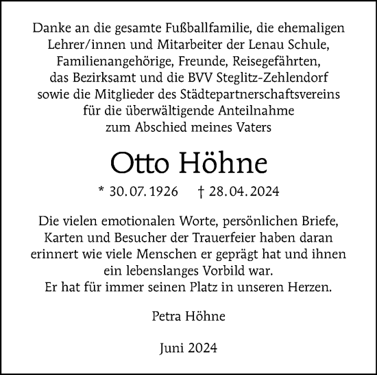 Traueranzeige von Otto Höhne von Tagesspiegel